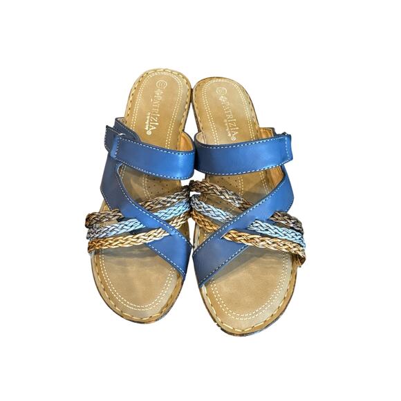 New Patrizia By Spring Step Women’s 10 Mica Blue Leather Wedge Sandals Shoes - Picture 1 of 8